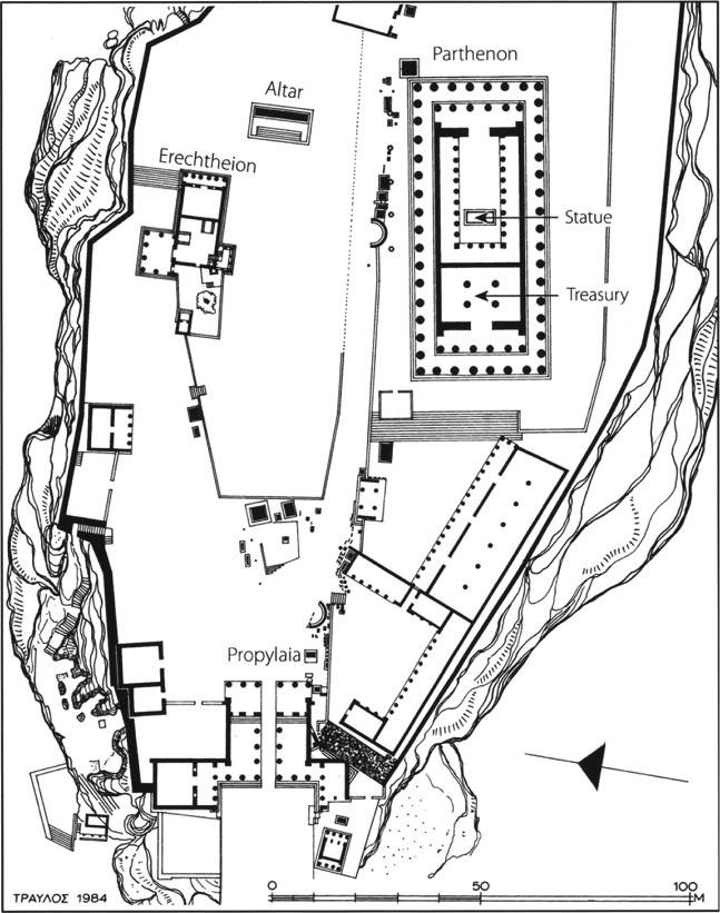 Figure 4 Plan of the Acropolis. From Ogden, D., Companion to Greek Religion (2007: 407, fig. 26.5), after J. Travlos. Late Antiquity was not kind to the Acropolis.