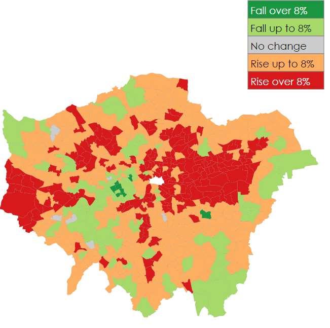 Map of change in working age population between 2008 and 2012 The map shows at a more local level what we have already observed at the borough level rises in the population of Brent and Barnet, and