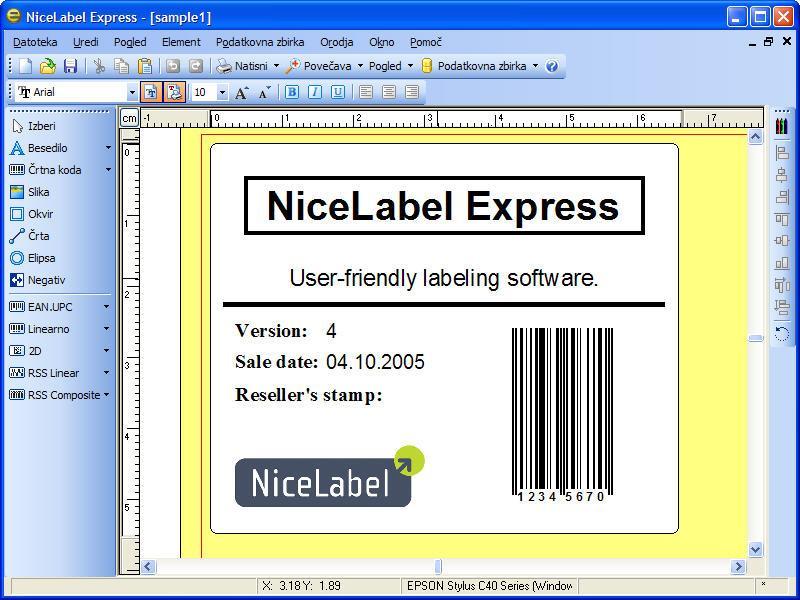Uporaba programa Uporabniški vmesnik Glavno okno programa Glavno okno programa NiceLabel Express ima mnogo različnih delov in funkcij.