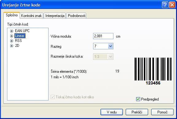 Pogovorno okno Uredi ima več podstrani. Podstran Splošno On this tab you can select the bar code type you want to use and the properties of the bar code.