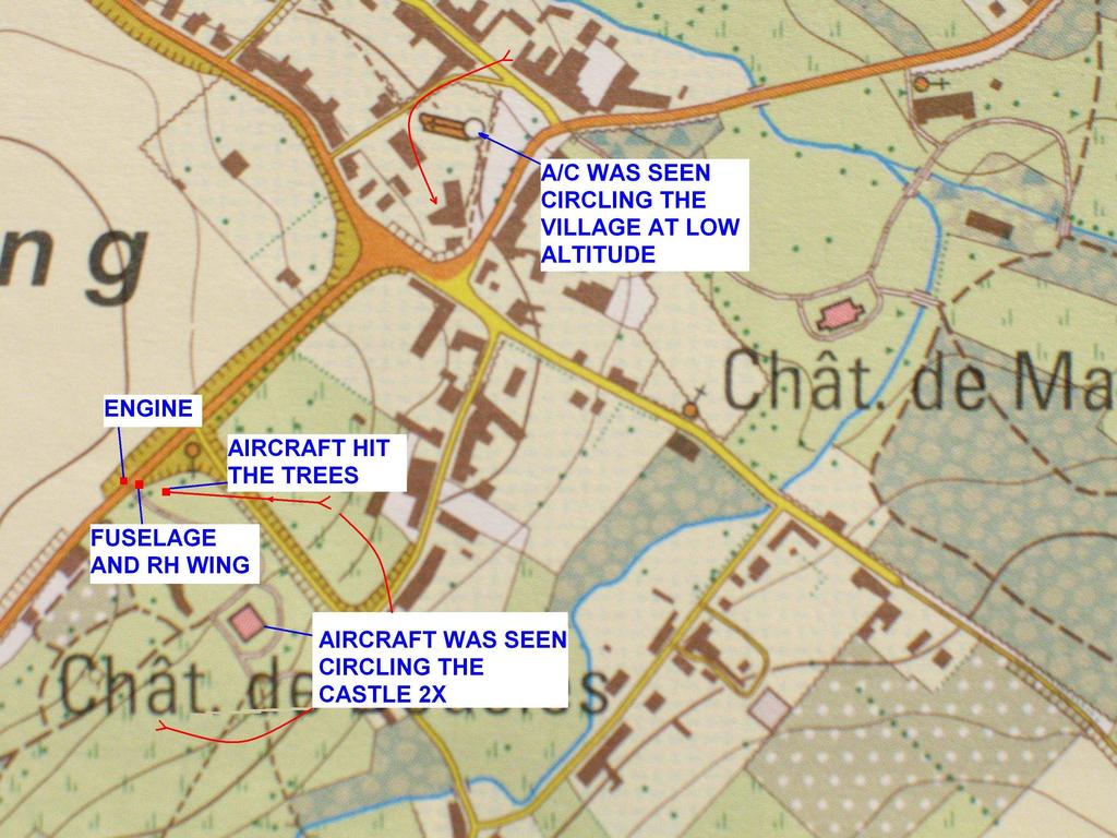 The airplane was seen by witnesses circling around the village center, first Harmignies, then Harveng.