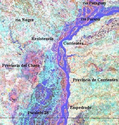 N 20 km Fig. 1: Satellite image taken during the peak discharge of 48250 m 3 s -1 on May 5, 2000, downstream of the confluence of the Parana-Paraguay rivers. The inner frame delineates the study area.