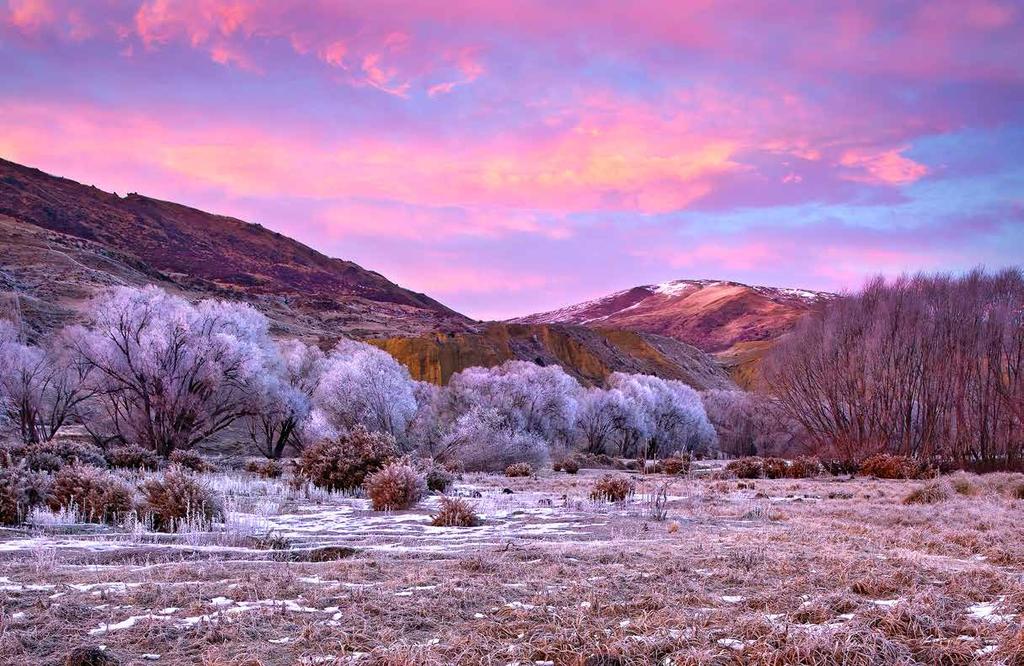 A winter sunrise over the Crown Range near Cardrona on the South Island.