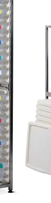 feature an integral handle with plastic clip on label cover, (max load per tray 5kg) Each trolley is