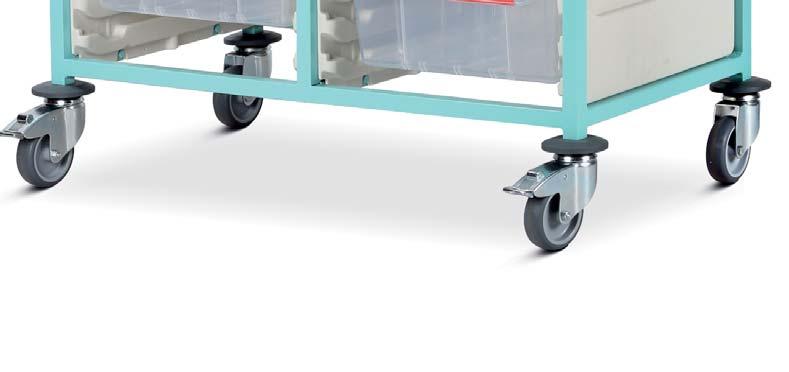 the trolley & fabric of the building; smooth surfaces assist cleaning 100mm pressed steel castors, 2 off braking Dimensions