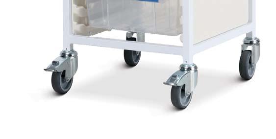 side of the trolley (2 x L/H, 1 x R/H) to support a wide range of accessories (see options) Drop down work flap fitted to R/H side 100/150mm deep translucent high impact plastic trays feature an