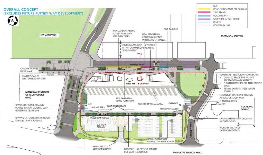 Structure Manukau Bus Interchange Canopy over Davies Avenue pedestrian crossing will provide continuous protection for pedestrians connecting the Manukau train station and the bus interchange Davies