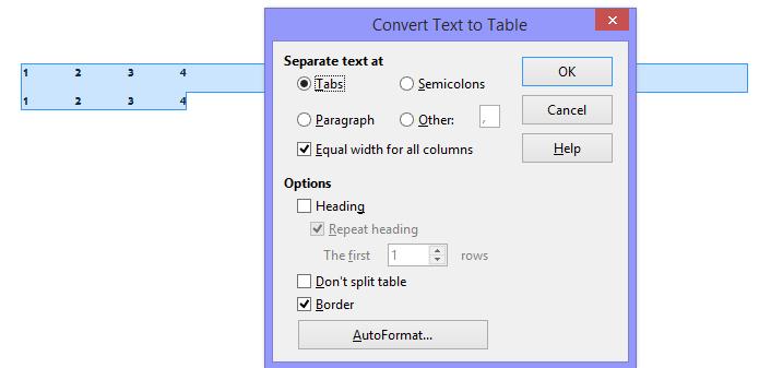 Pretvoriti razgraničeni tekst u tablicu Označiti tekst te otići na Table -> Convert -> Text to Table.