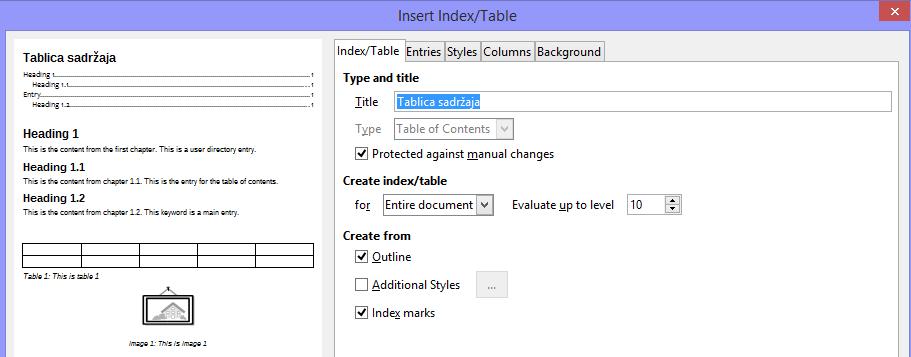 Za ažuriranje tablice sadržaja kliknuti unutar nje te desni klik miša i odabrati Update Index/Table.