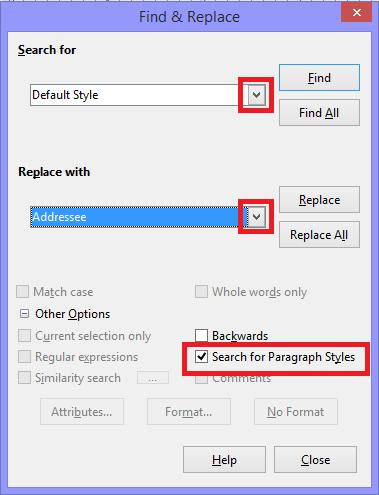 Oblikovanje odlomka: kada označite kućicu ispred Search for Paragraph Styles kućice za unos teksta će se pretvoriti u padajuće izbornike koji sadrže stilove.