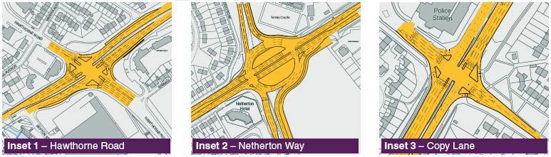 enabling three lanes in each direction on the A5036.