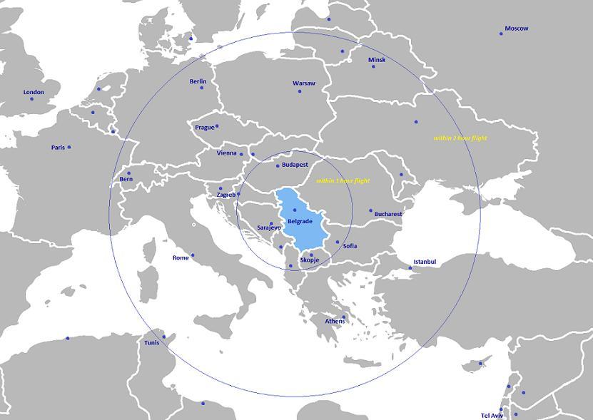 2.1.2 Geography Belgrade takes a central position on the Balkan Peninsula, at the confluence of two large international rivers, the Danube and the Sava.
