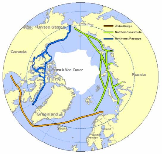 Figure 1.4: The Arctic Shipping Routes [17] Environmental issues will have to be examined. These are not in the scope of this thesis, thus will be mentioned only briefly.