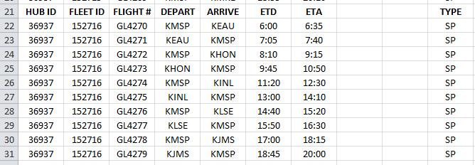 Step 8: After collecting this information for each flight, drawing my route map to ensure good coverage, I return to Microsoft Excel to build my actual VAFS flight schedules.