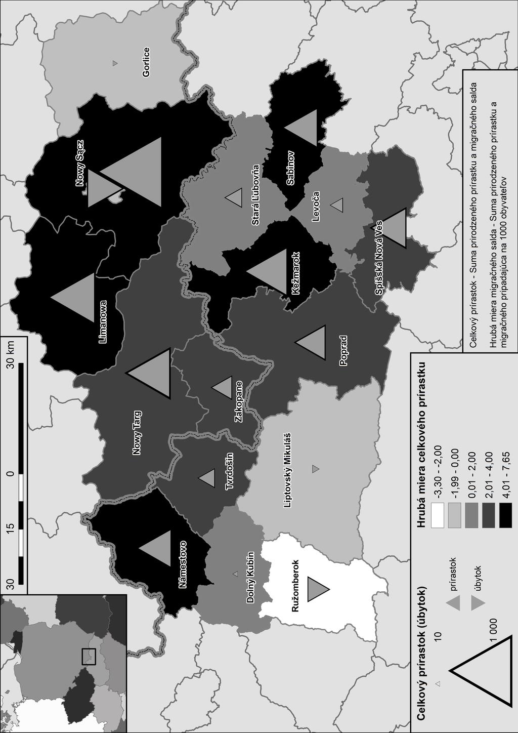 232 Mapa 4 Celkový prírasok v okresoch/powiaoch Euroregiónu Tary
