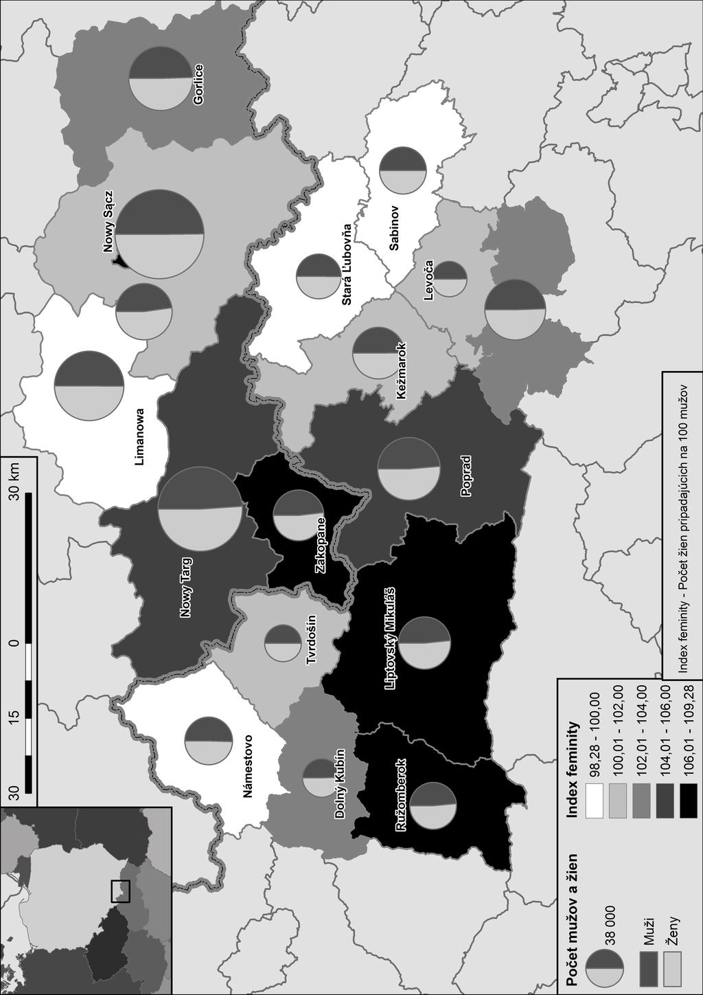 239 Mapa 6 Pohlavná šrukúra v okresoch/powiaoch Euroregiónu Tary