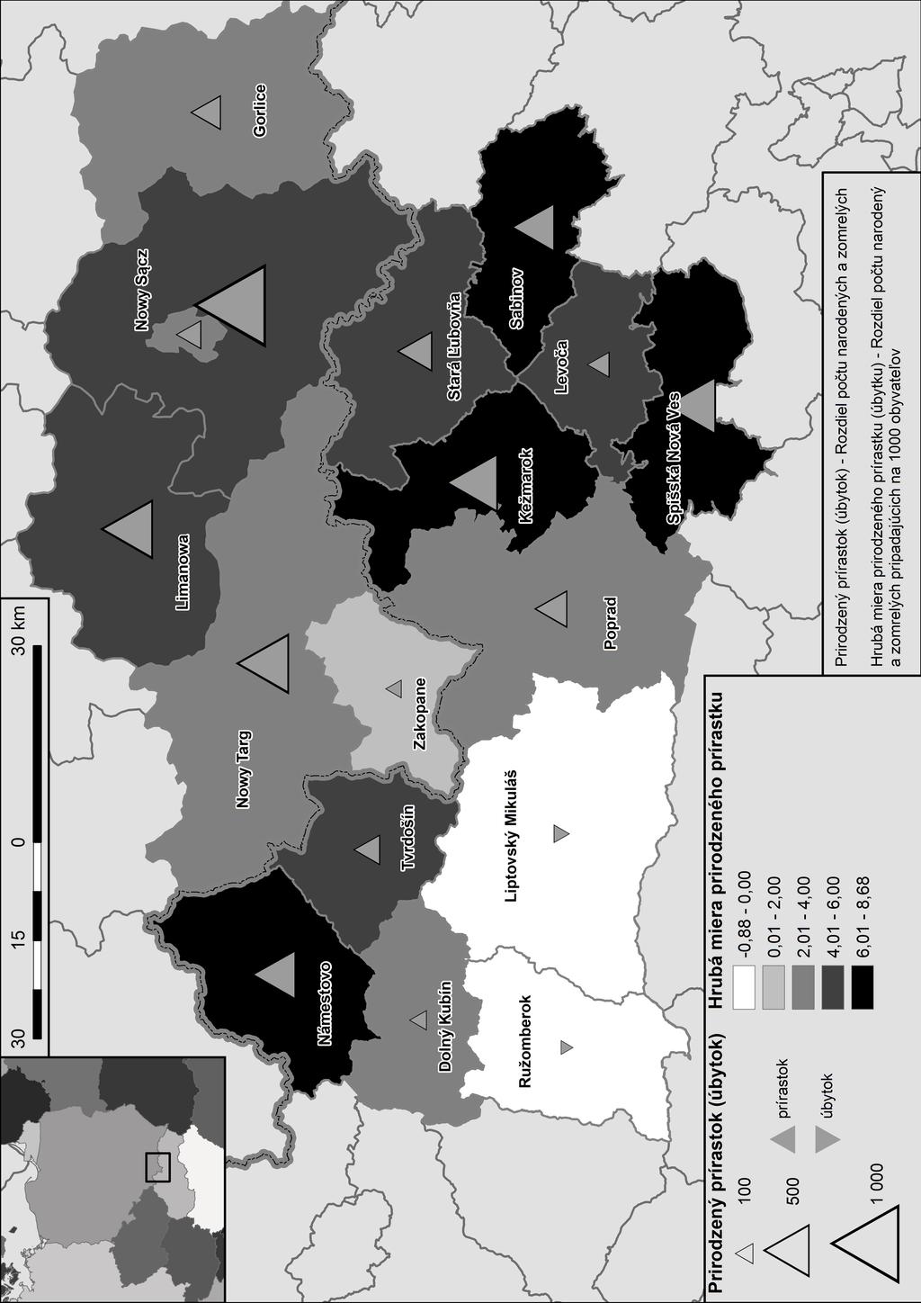 227 Mapa 2 Prirodzený prírasok v okresoch/powiaoch Euroregiónu