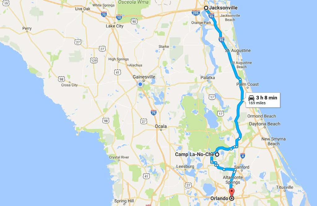 Directions From Orlando to Camp La-No-Che 1. Ramp forks, keep left to Mount Dora(SR-46) (EXIT 101C) 2. Turn left on W State Road Sr-46 3. Road forks, keep right to County Road 46A 4.