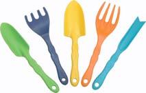 Kid's 5-Piece Plastic Tool Set includes 4-prong rake, trowel, transplanter, fork, 2- prong cultivator tools come in vibrant colors ideal for sand or