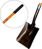 Long Square Mouth Shovel Fiberglass 43-1/2" fiberglass over wood handle 6-1/2" foam comfort grip 57" overall length tempered steel blade 8-7/8" x 11-1/2" 1-5/8" power collar for extra strength