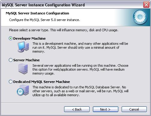 Developer Machine (razvojna mašina): Ovu opciju treba izabrati za tipičnu desktop radnu stanicu gde je MySQL namenjen samo za lične potrebe.