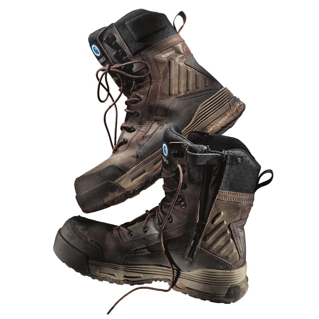 CMA8359 - MEN S 8-INCH DARK BROWN WATERPROOF INSULATED WORK BOOT Feels like a running shoe. Works like a boot. Force boots are 20% lighter than old-school work boots and ounce-for-ounce just as tough.