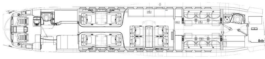 Interior Fourteen (14) Passenger Configuration Forward: Four (4) Place Double Club Mid: Four (4) Place Conference Group Opposite a Credenza (Multi- Propose Storage Cabinets) Aft: Dual Three (3) Place