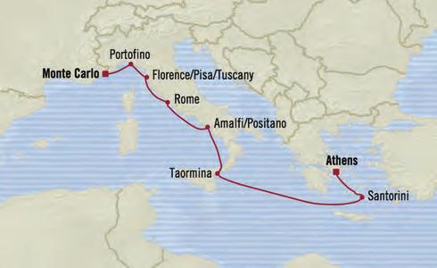 7 Cruisig the Mediterraea Sea Aug 8 Taormia (Sicily), Italy 8 am 6 pm Aug 9 Amalfi/Positao, Italy 8 am 6 pm Aug 10 Rome (Civitavecchia), Italy 8 am 8 pm Aug 11 Florece/Pisa/Tuscay (Livoro), Italy 8