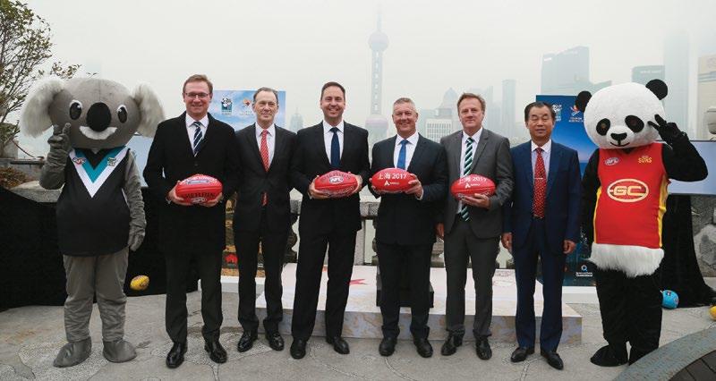 Celebrating the AFL Premiership match in Shanghai, from left: John O Sullivan, Tourism Australia; Graeme Meehan, Australia's Consul-General in Shanghai; the Hon.