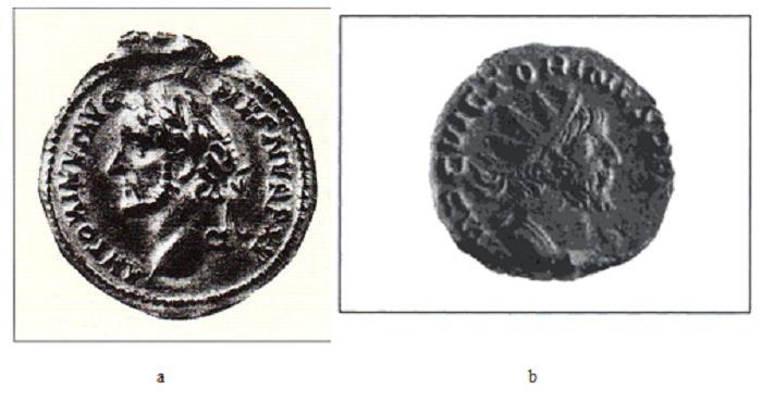 a: Đồng tiền Roma thời hoàng đế Antonius Pius tìm thấy ở Óc Eo (Charles Higham, Early cultures of mainland Southeast Asia, 2002).