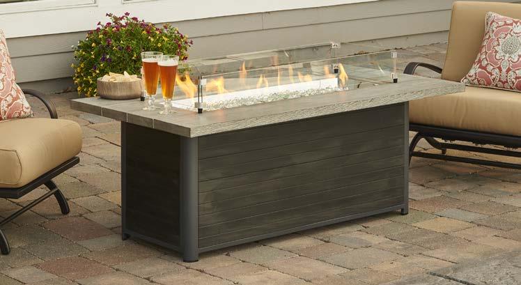 with Honey Glow Brown color coated stainless steel burner Distressed wood slatted base- unique to each fire pit, wood