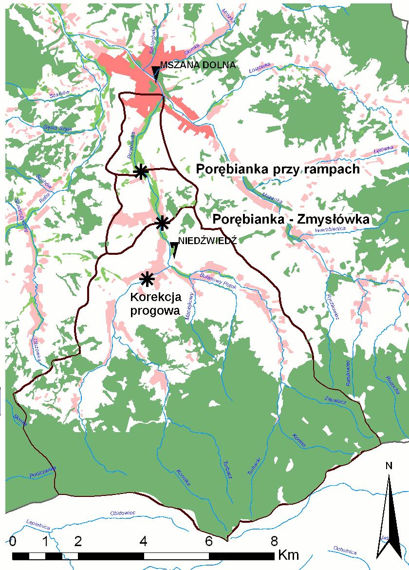 1. Basin Porębianka is a stream flowing in the Gorce Mountains. It is a left tributary of the Mszanka River.