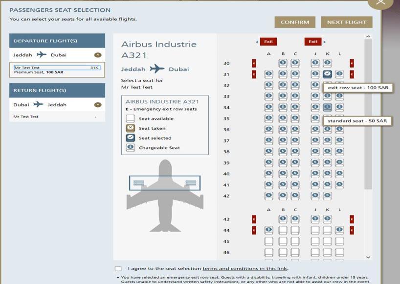 Definition of Prepaid seat selection service: It is a service provided by "SAUDIA" to its valued guests in the guest class cabin only to choose the front zone area seats or emergency exits seats for