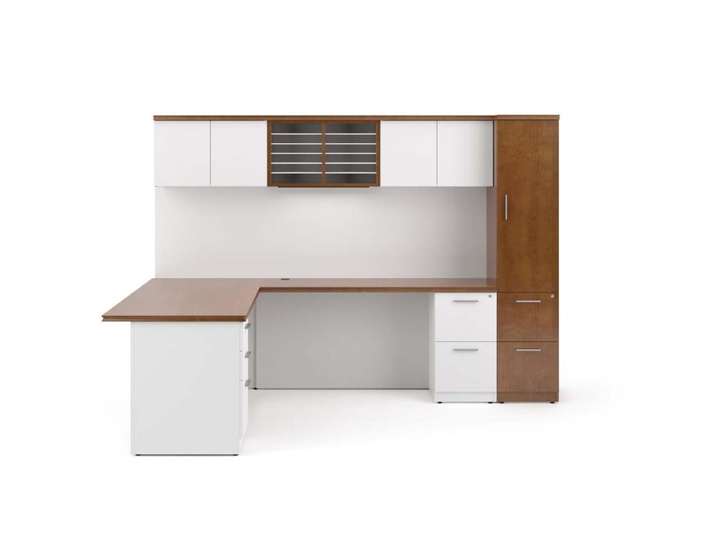 Single Pedestal Desk with Overhang Return with File/File Pedestal 2 Panel Door Wall Mounted Cabinets 1 Open/Organizer Sorter