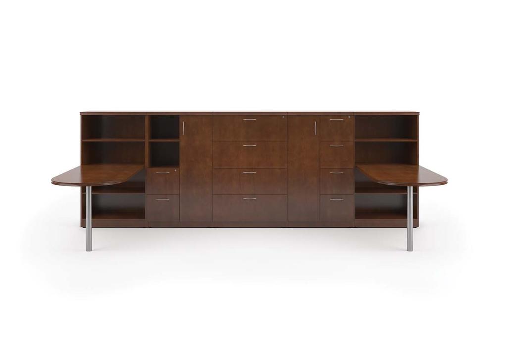 2 Bullet Runoff Desks with 3 Silver Post Legs Workcenter Components Include: 2 Open Storage Hookup