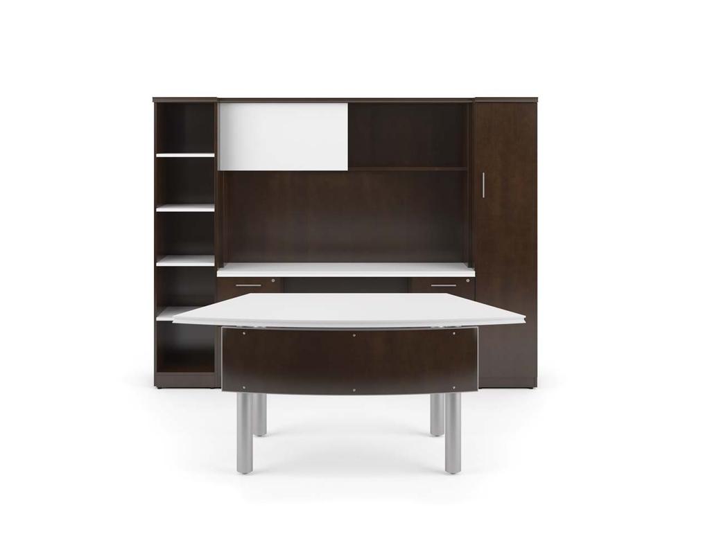 Wedgee Table Desk with Optional Curved Veneer Modesty Kneespace Credenza File/File 2 Section Overhead with 1 White Laminate Sliding Door Ganging