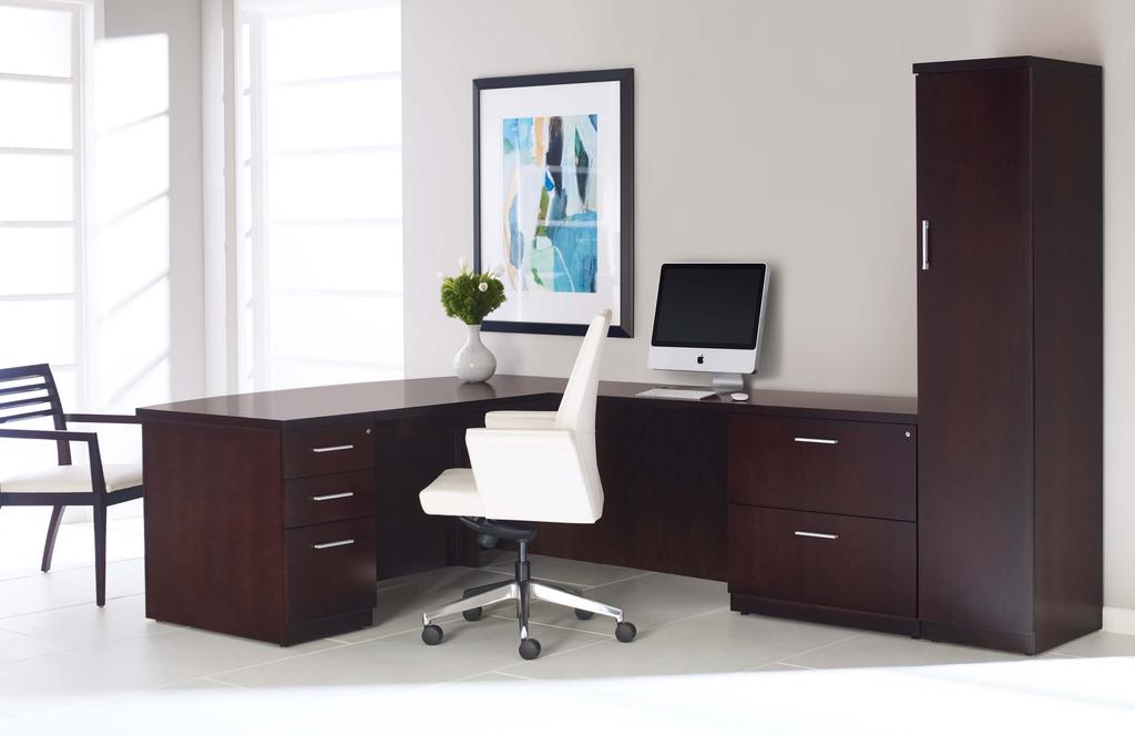 Central Park L Workstations refine small office spaces with clean lines and optimal worksurfaces that fit perfectly within a variety