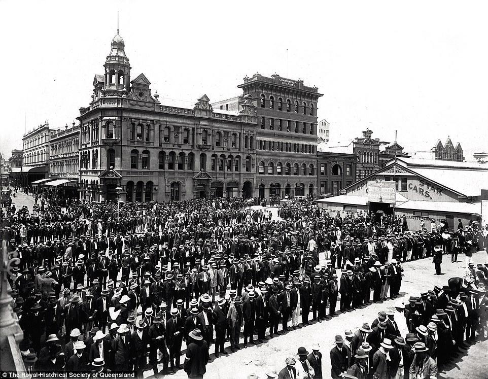 Brisbane General Strike, Albert Square, 1912: The strike began on 18 January 1912 when members of the Australian Tramway Employees Association were dismissed