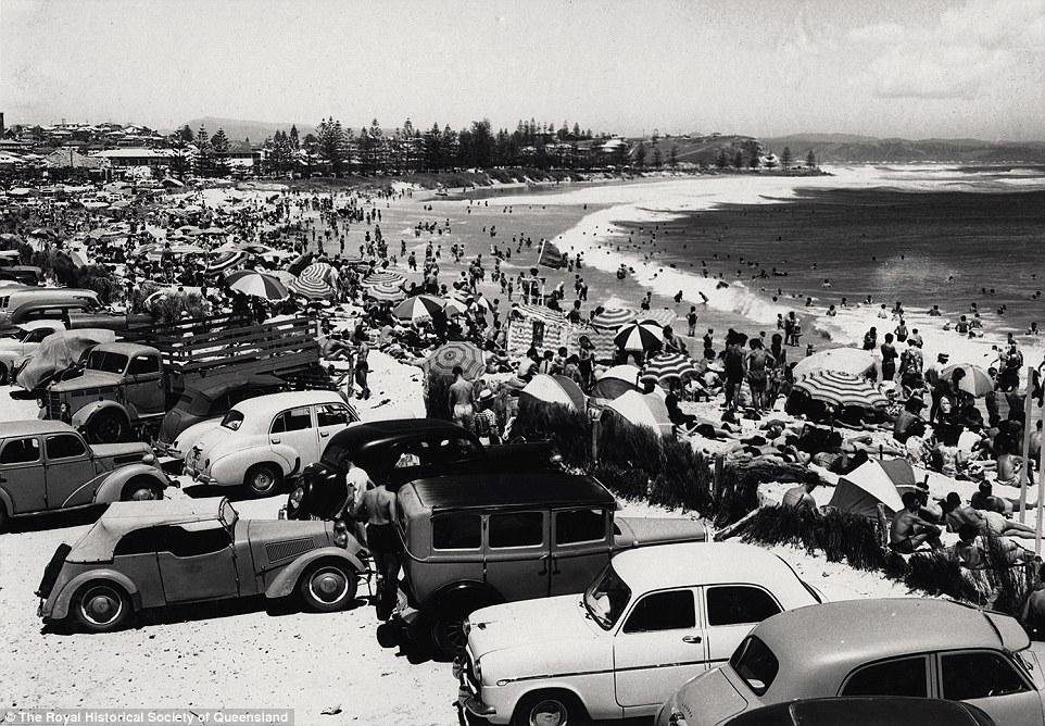 Greenmount Beach, Coolangatta, January 1956: Large crowds enjoy the Christmas holidays.