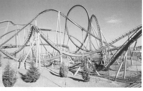 (Corkscrew, at Knotts Berry Farm, California, now re-created at Silverwood Theme Park, Idaho). The first in the UK was built in 1979, the Revolution at Blackpool Pleasure Beach.