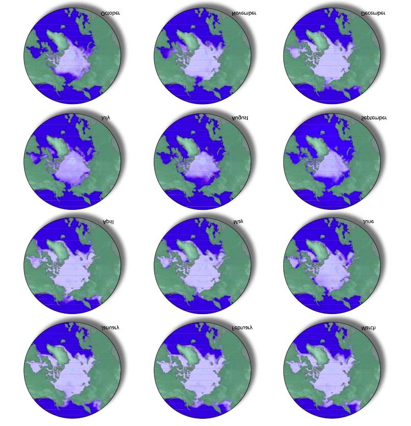 Za usporedbu i stjecanje dojma o navedenim promjenama u količini morskog leda na Arktičkom oceanu, slijede dva zemljovida: jedan s prikazom rasprostranjenosti leda kroz svih dvanaest mjeseci 2004.