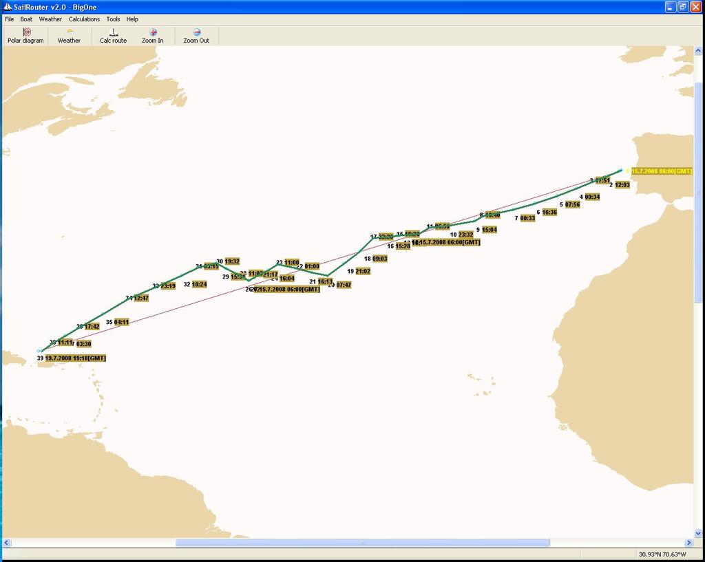Odreñivanje sveukupne optimalne rute Slika 0-8: Računanje optimalne rute na Atlantiku Prilikom odreñivanja optimalne rute kod dužih udaljenosti kod kojih je ukupno vrijeme jedrenja