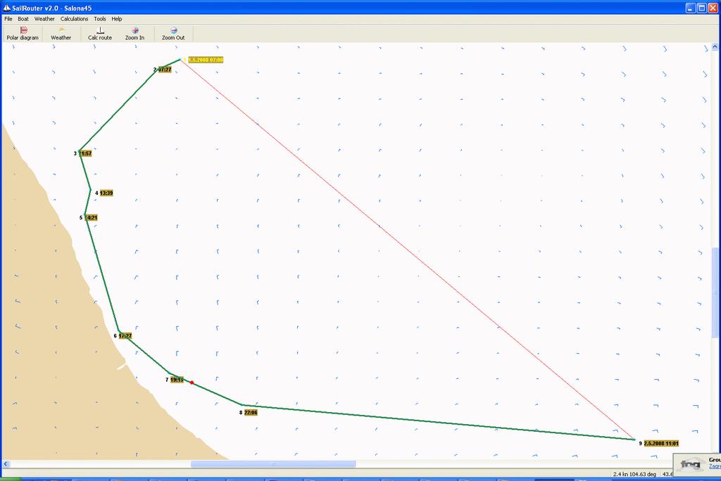 a) SCGA+MFP b) SailRouter Slika 0-3: Usporedba optimalnih ruta u Jadranu Za usporedbu, najbrža ruta izračunata pomoću programa SailRouter ima oblik (Slika 0-3 b) sličan obliku ruta izračunatih pomoću