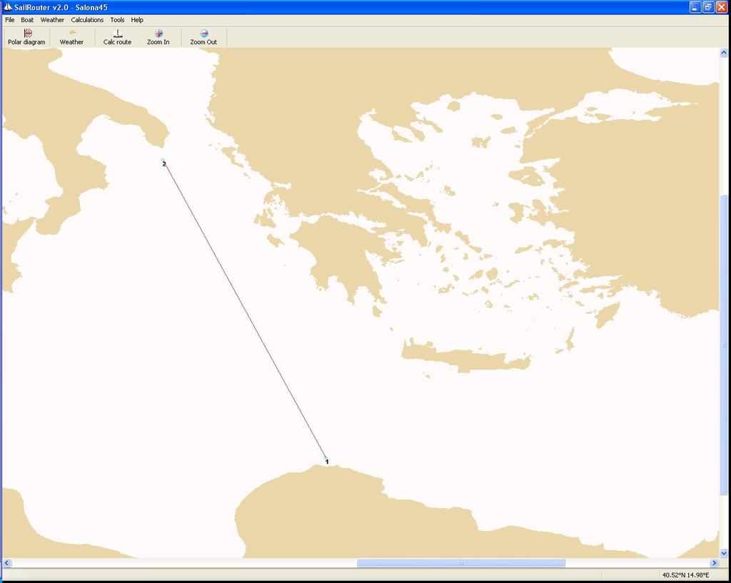 Dino Mandić: MAGISTARSKI RAD Primjer promjenjivog vjetra u vremenu i prostoru Slika 0-4: Realna ruta u Mediteranu Proračun se izvršio s 3 točke u SCGA metodi i s točke na svakom segmentu za MFP