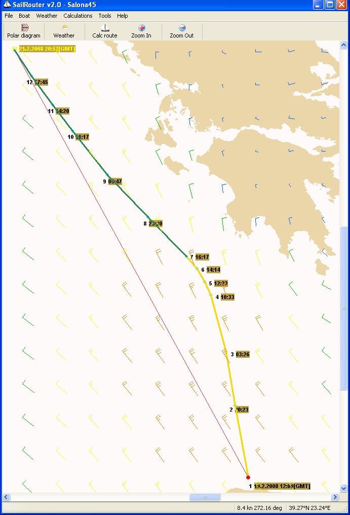 Dino Mandić: MAGISTARSKI RAD Primjer promjenjivog vjetra u vremenu i prostoru SCGA + MFP SailRouter Slika 0-5: Usporedba izgleda rute u Mediteranu Usporeñujući oblike izračunatih ruta, općenito se