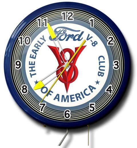 Early Ford V-8 Club Logo Clock Raffle Win this 20-inch Early Ford V-8 Club Neon Clock $300 Value! This 20" Classic Neon Clock is Made in the USA - Diameter: 20" - Depth: 5.