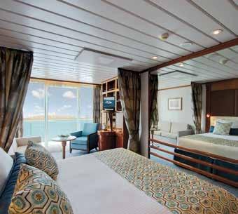 Spacious suites and staterooms (more than 70% with private balconies), an onboard water sports marina, a choice of three gourmet dining venues and an extensive spa are among her luxurious attributes.
