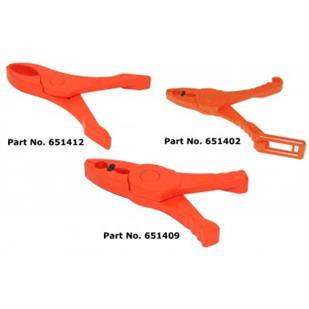 Safety Clamps Available in four sizes Rubber contacts in jaw to protect insulating material Joint with special guide ring Material made of non brittle plastic For use with orange neoprene or