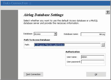 Getting Started With AirLog 10 2.1 Data Connection You must establish a connection to a database before you can use your pilot logbook. AirLog comes packaged with a default MS Access database.