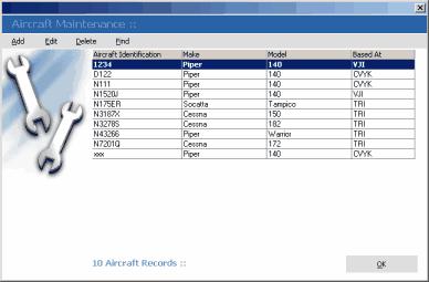 Record Maintenance 28 6.3 Aircraft Maintenance The aircraft grid is where you add, edit, and delete aircraft records. To view the aircraft grid select "Maintenance->Aircraft->Aircraft.